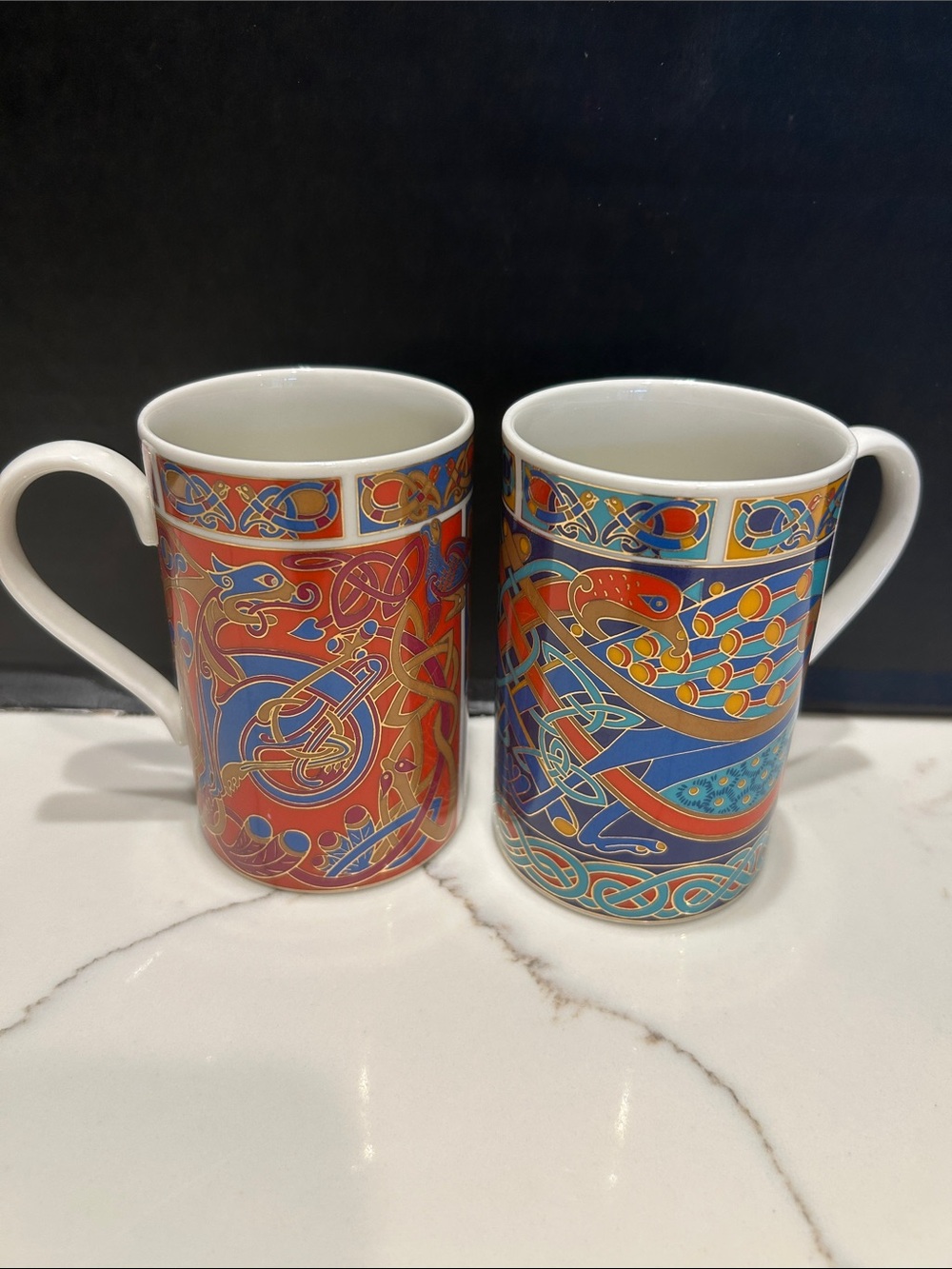 DOONAN Vintage Red and Blue Celtic Pattern Ceramic Mugs - Set of 2